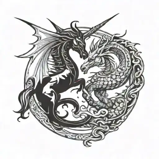 unicorn and dragon fighting yin and yang tattoo design idea