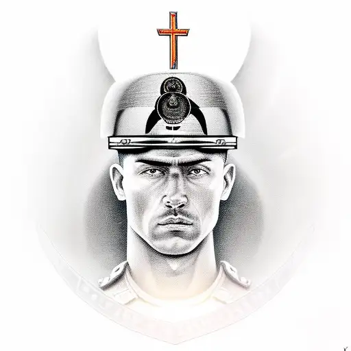 A realistic portrait of a military police special forces member, with a halo above their head symbolizing their dedication to their faith tattoo design idea