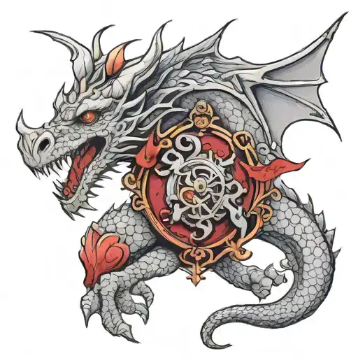 A wise gray-haired dragon guarding the human heart tattoo design idea