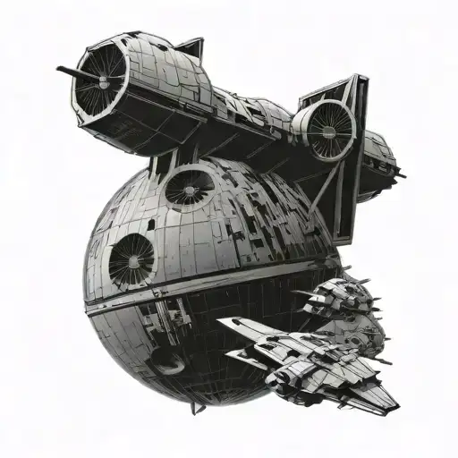 death star with tie fighters in distance tattoo design idea