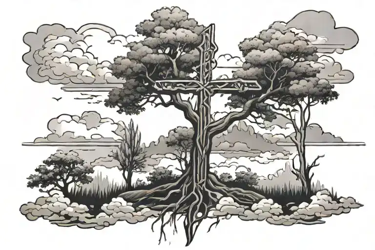 cross as the center surrounded by clouds and a big tree in the background tattoo design idea
