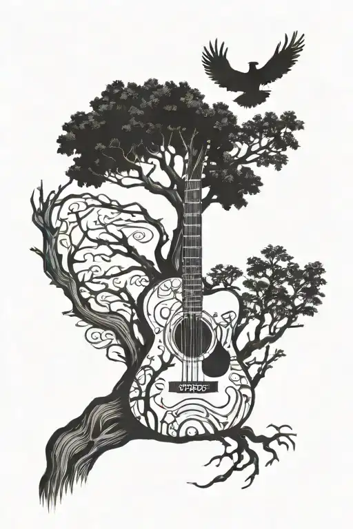 Guitar and tree connected tattoo design idea