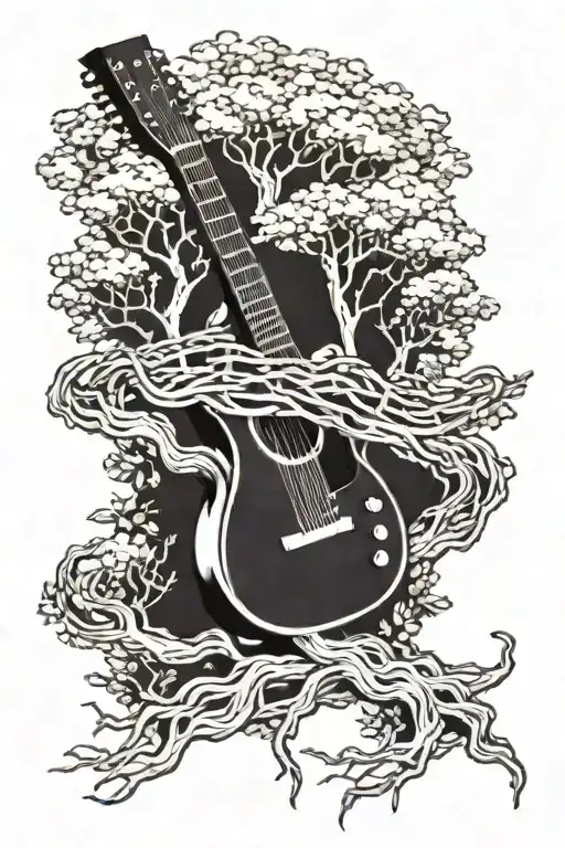Guitar and tree intertwined tattoo design idea