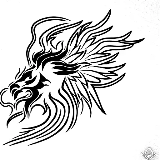 a Phoenix bird with head of a lion and tails of Chinese dragon tattoo design idea
