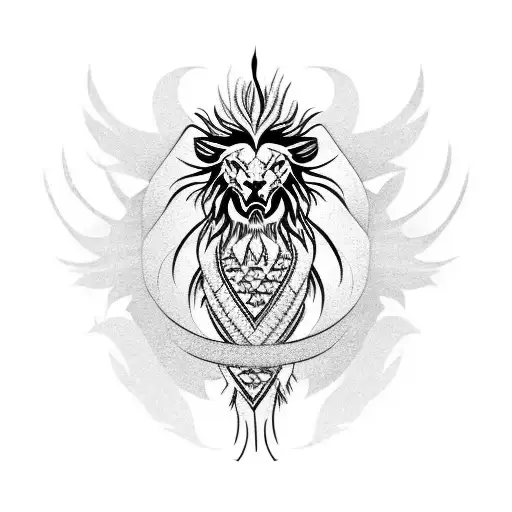 a Phoenix bird with head of a lion and tails of Chinese dragon tattoo design idea