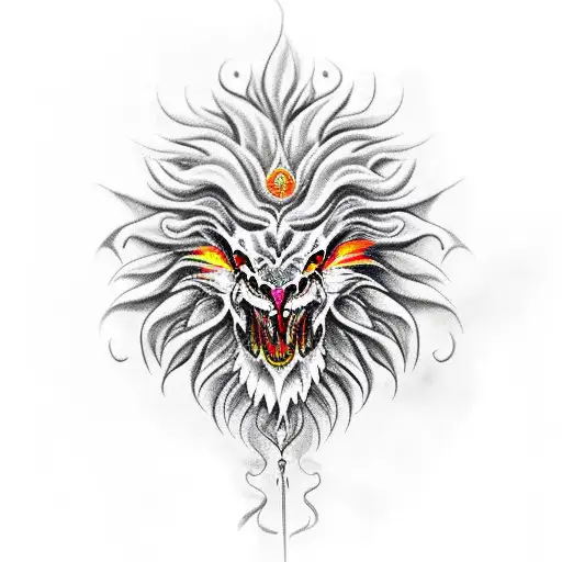 a Phoenix bird with head of a lion and tails of Chinese dragon tattoo design idea