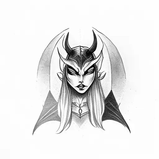 female nightelf dark with horns and no face just eyes with full body tattoo design idea