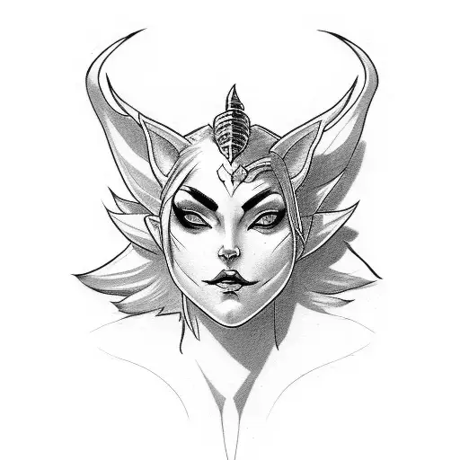 female nightelf dark with horns and no face just eyes with body tattoo design idea