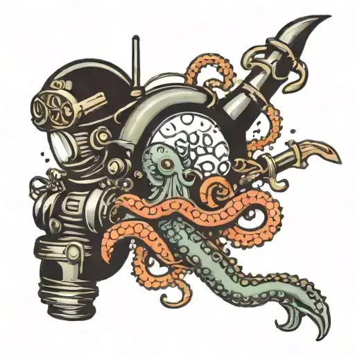 submarine, octopus; old school diver surrounded tattoo design idea