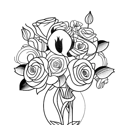 A minimalist tattoo of a flower bouquet with hidden Disney character faces in the petals tattoo design idea