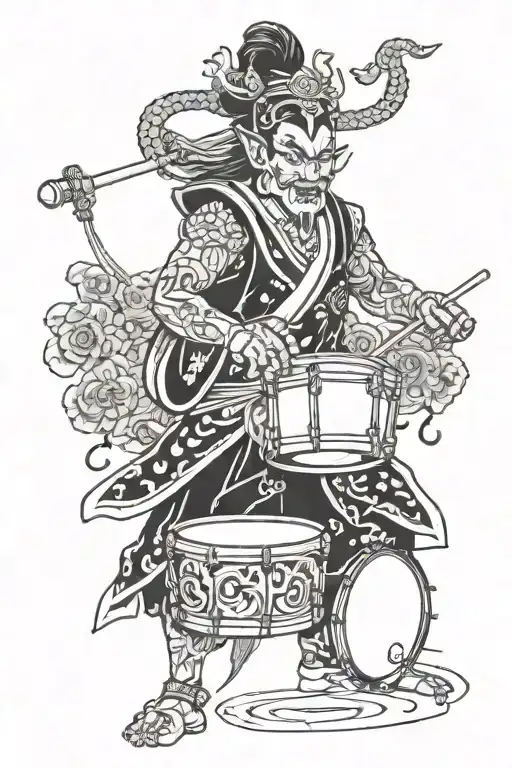 Raijin playing the drums amidst tattoo design idea