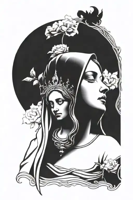 virgin mary "life is a risk' quote intertwined vines tattoo design idea