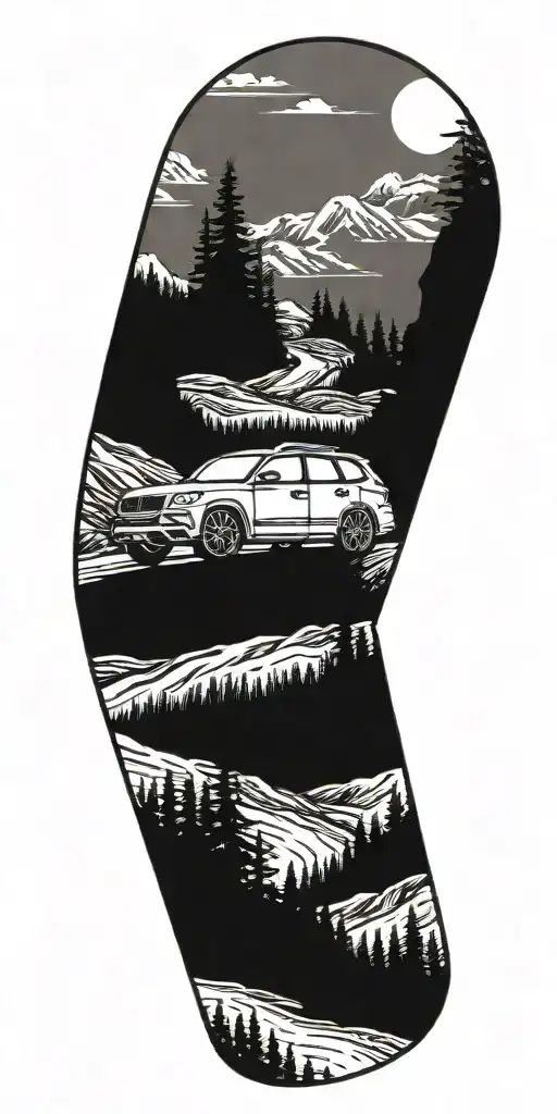 Car driving through mountains with Forrest in background  tattoo design idea