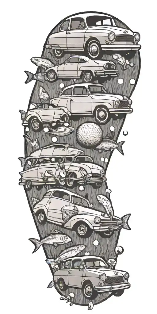 A family of fish swimming around a vintage car on a golf course, with basketballs floating in the background tattoo design idea