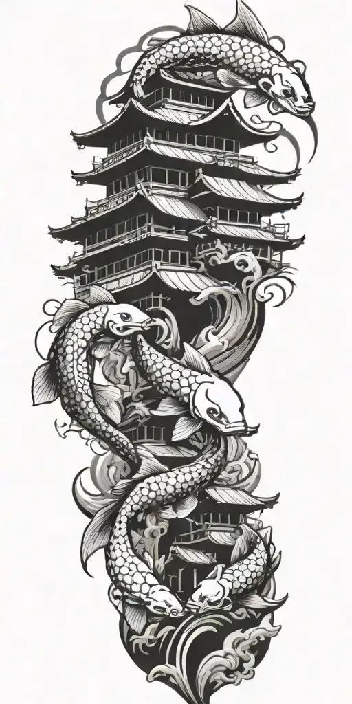 Japanese, koi, samurai, Japanese buildings tattoo design idea