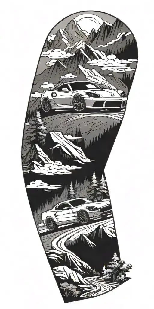 A sleek sports car cruising through a mountainous landscape tattoo design idea