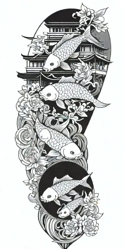 Japanese, koi, samurai, Japanese buildings tattoo design idea