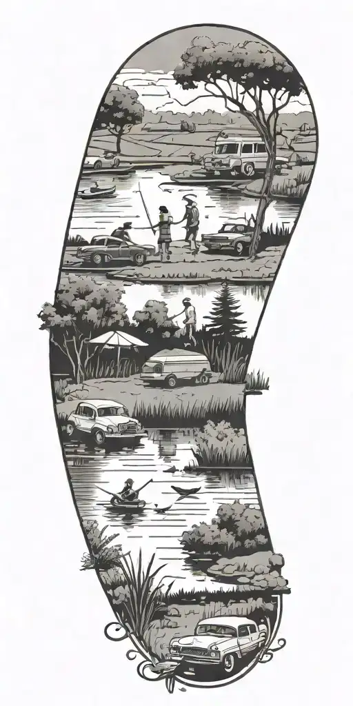A serene scene of friends fishing on a lake, with a basketball court and golf course in the background, and vintage cars parked nearby tattoo design idea