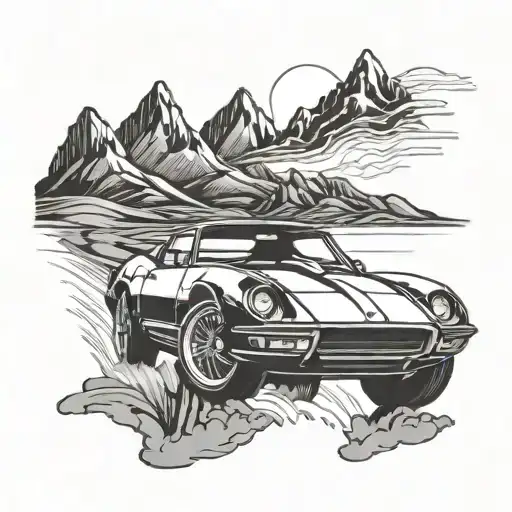 A sleek sports car cruising through a mountainous landscape tattoo design idea