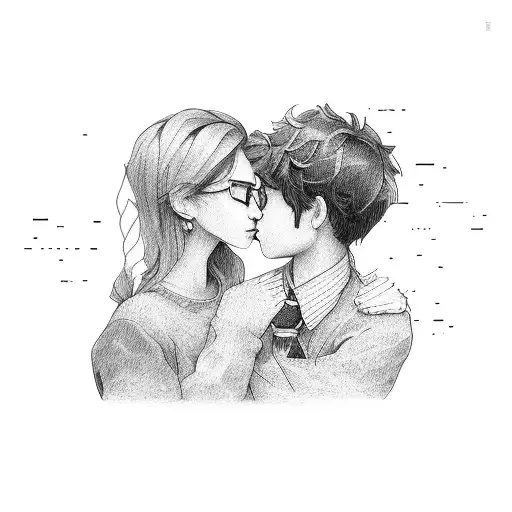 A boy and a girl falling in love while sitting during school. tattoo design idea