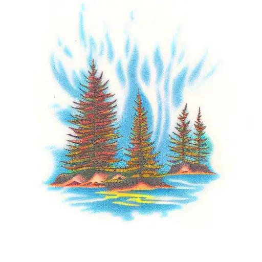 evergreen tree on fire tattoo design idea