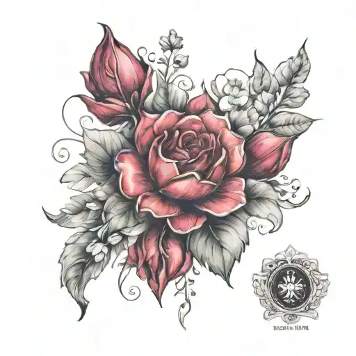 ruby stone and july flowers tattoo design idea