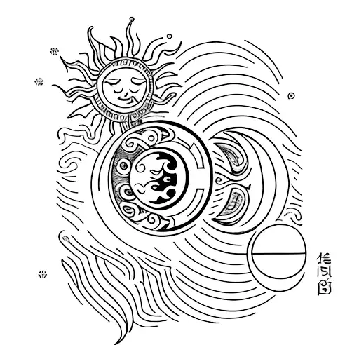 A minimalist tattoo of a sun and moon embracing, representing the love between a son and daughter. tattoo design idea