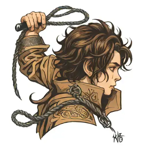 boy with wavy brown hair in bondage tattoo design idea
