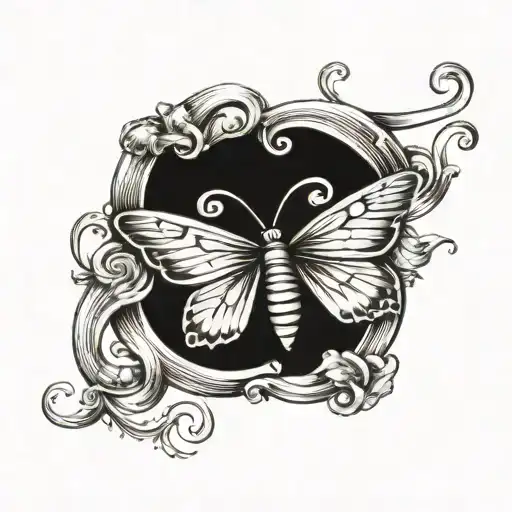 A scroll wrapped into an infinity symbol that is slightly heart shaped. A butterfly has landed on one side of the scroll tattoo design idea