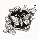 A scroll wrapped into an infinity symbol that is slightly heart shaped. A butterfly has landed on one side of the scroll tattoo design idea