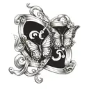 A scroll wrapped into an infinity symbol that is slightly heart shaped. A butterfly has landed on one side of the scroll tattoo design idea