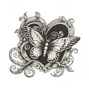 A scroll wrapped into an infinity symbol that is slightly heart shaped. A butterfly has landed on one side of the scroll tattoo design idea