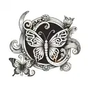 A scroll wrapped into an infinity symbol that is slightly heart shaped. A butterfly has landed on one side of the scroll tattoo design idea