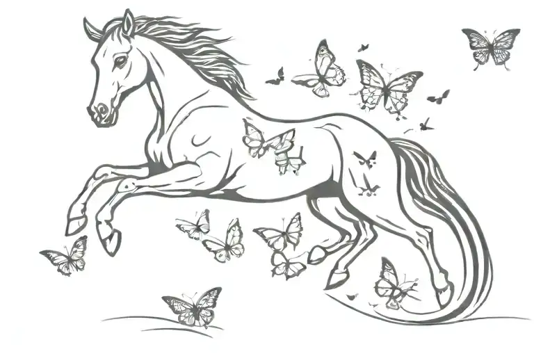 horse running with butterflies and a cat running   tattoo design idea