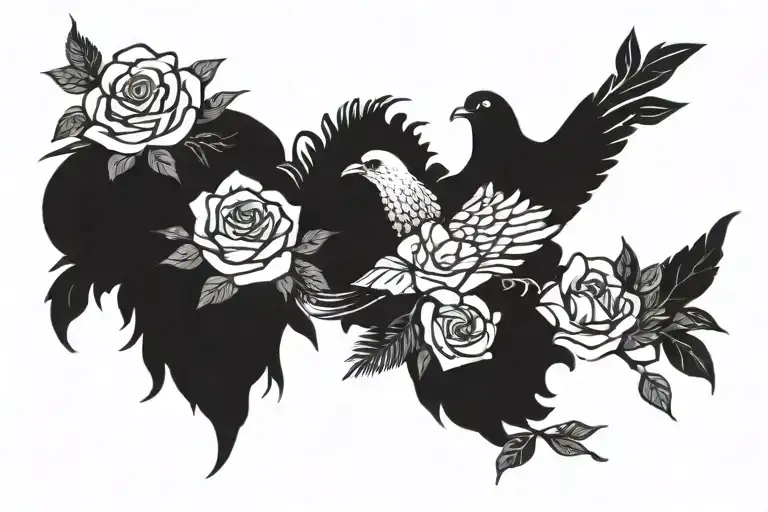 Pigeon flying and roses tattoo design idea