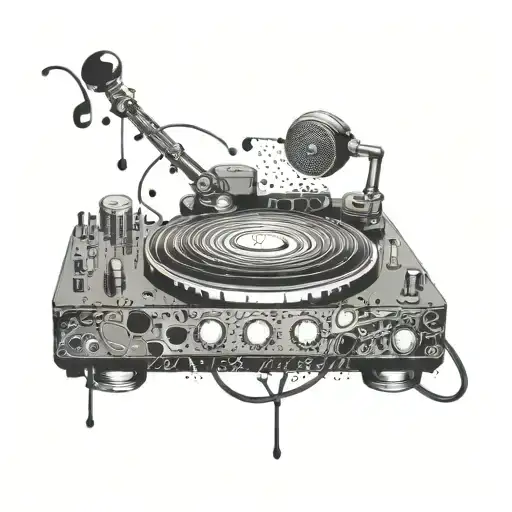 A DJ turntable with Rockabilly music notes flowing out like sound waves tattoo design idea