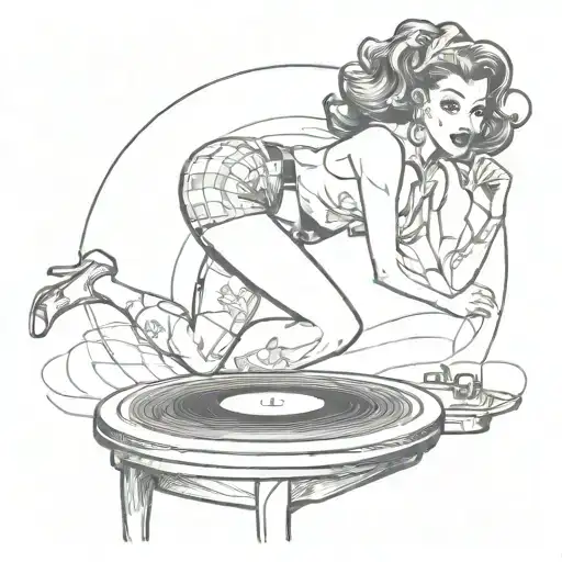 Rockabilly pin-up girl dancing on a vinyl record tattoo design idea
