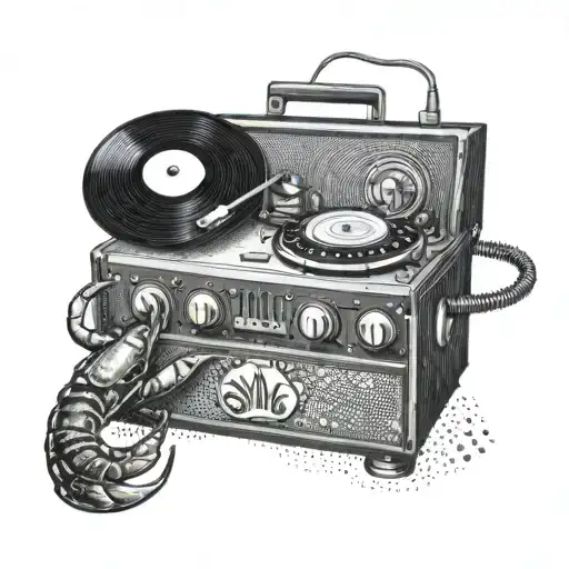 A retro-style record player with a crab DJ spinning rockabilly tunes on the beach tattoo design idea