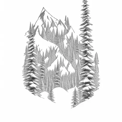3 mountain peaks with pine trees and river tattoo design idea