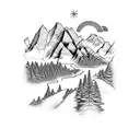 3 mountain peaks with small pine trees and river tattoo design idea
