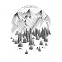3 mountain peaks with small pine trees and river tattoo design idea