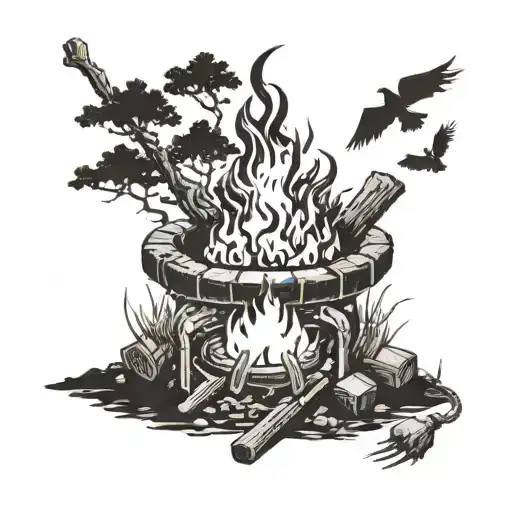 Create a tattoo of a campfire scene from Dark Souls with a sense of mystery and danger tattoo design idea