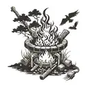Create a tattoo of a campfire scene from Dark Souls with a sense of mystery and danger tattoo design idea