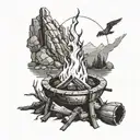 Create a tattoo of a campfire scene from Dark Souls with a sense of mystery and danger tattoo design idea
