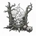 Create a tattoo of a campfire scene from Dark Souls with a sense of mystery and danger tattoo design idea