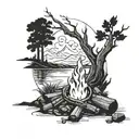 Create a tattoo of a campfire scene from Dark Souls with a sense of mystery and danger tattoo design idea