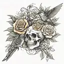 whole arm tattoo thorn branch with roses skulls and a hummingbird with a nest and eggs tattoo design idea