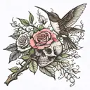 whole arm tattoo thorn branch with roses skulls and a hummingbird with a nest and eggs tattoo design idea
