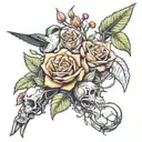 whole arm tattoo thorn branch with roses skulls and a hummingbird with a nest and eggs tattoo design idea
