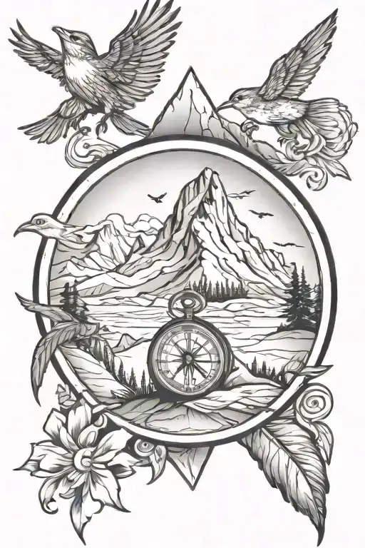 Shepard, Wren and compass on a Mountain peak tattoo design idea